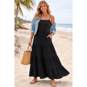 Forever 21 Black Tiered Maxi Dress Spaghetti Strap M NWT Boho Festival